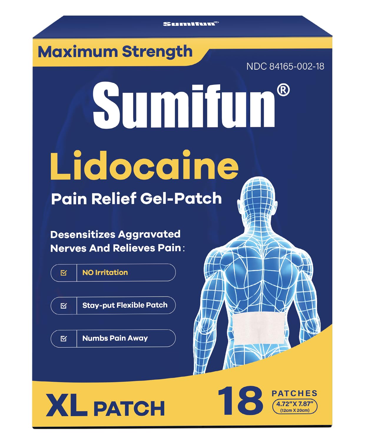 Sumifun 4% Lidocaine XL Pain Patches | Extra Large 4.72"x7.87" for Full Back & Thigh Coverage | Maximum Strength OTC Numbing | 8-Hour Medical Adhesion (X-Large, Count, 18) SumifunBuy Supplements Australia