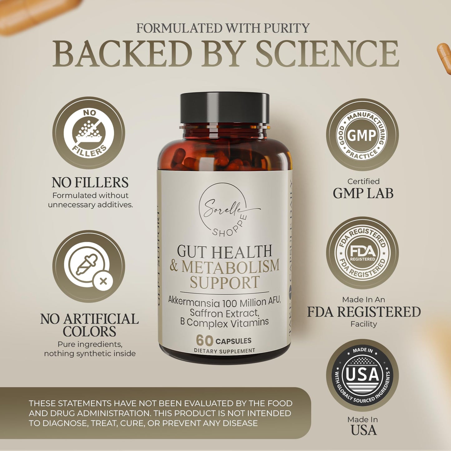 SORELLE SHOPPE Akkermansia Muciniphila Probiotic + Saffron + B Complex | Core Gut Health & Daily Wellness | Mood & Metabolism Support