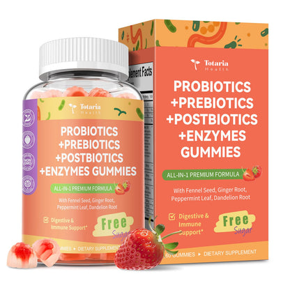 Totaria Sugar Free 5-in-1 Probiotic Prebiotic Postbiotic Gummy, 36 Strains Probiotics for Women Men with Digestive Enzymes, Peppermint, Complete Immune,