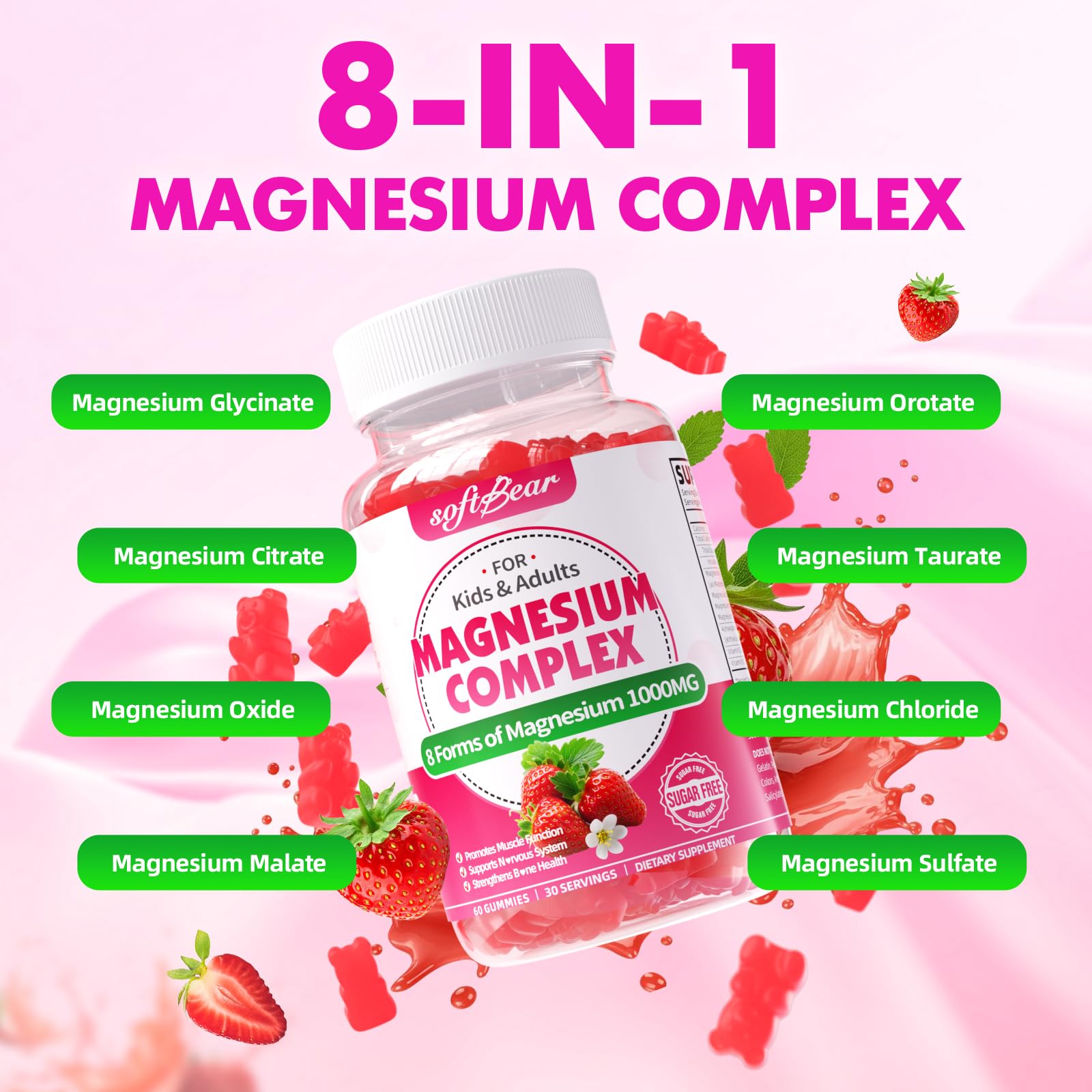 softbear Magnesium Complex Gummies for Women & Men & Kids, 8 in 1 Magnesium Complex Supplement 1000mg-Magnesium Glycinate,Citrate,Malate Supports Calm, Zzz, Muscle Cramp, Strawberry Flavor 120 Count softbear buy supplements Au