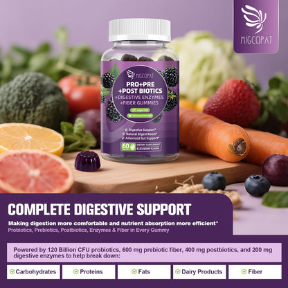 Migcopat Pre Post Probiotics Gummies, Probiotic Prebiotic Postbiotic Digestive Enzymes with Fiber, 120 Billion CFU Probiotics Complete Gut Support, Sugar Free