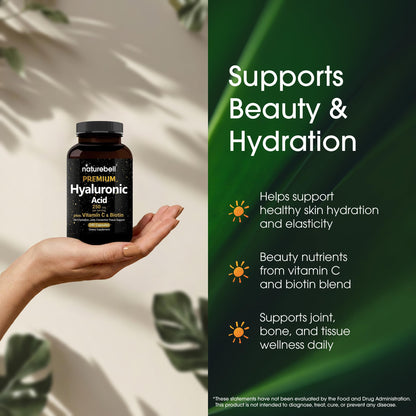 NatureBell Hyaluronic Acid 250mg - 240 Capsules - 250mg Hyaluronic Acid, 5000mcg Biotin & 25 mg Vitamin C - Supports Skin