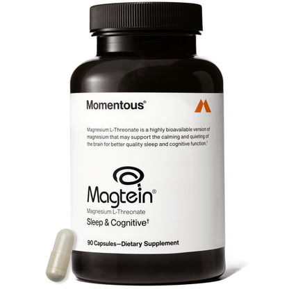 Black supplement bottle labeled 'Magtein' with a white label on a white background