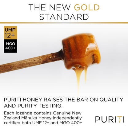 PURITI Premium Manuka Honey Lozenges High Potency - Sugar Free Drops | Genuine New Zealand Raw Manuka Honey Soothers for Coughs & Sore Throats | UMF Certified MGO 400+ UMF12+ (16 Pack)