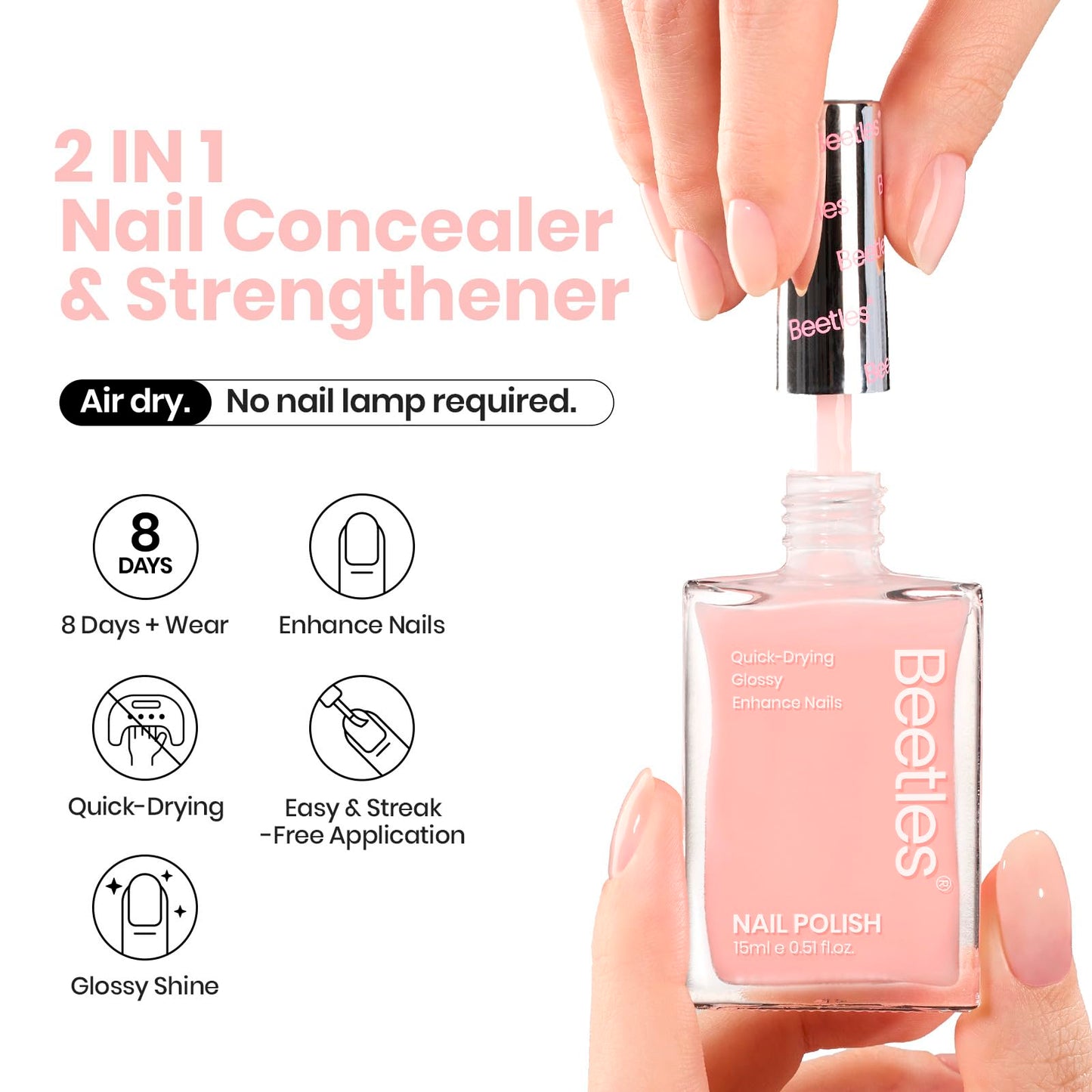 Beetles Nail Strengthener and Growth - 2 In 1 Nude Pink Nail Polish Nail Concealer Fast Dry Quick Jelly Natural Nail Strengthener