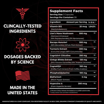 All-Natural Brain Supplement for Memory and Focus - Caffeine-Free Long-Term Cognitive Support - 10 Nootropic Ingredients Including Lion’s Mane, Bacopa, Turmeric, Ginkgo & Huperzine A - 90 Capsules