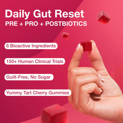 The Gut Gummy, 360° Daily Gut Reset, Full-Spectrum Tribiotic for Women & Men, Prebiotics Probiotics Postbiotics for Bloating, Belly Fat, Skin & Immune Support, Sugar Free Tart Cherry Gummies, 60 Count