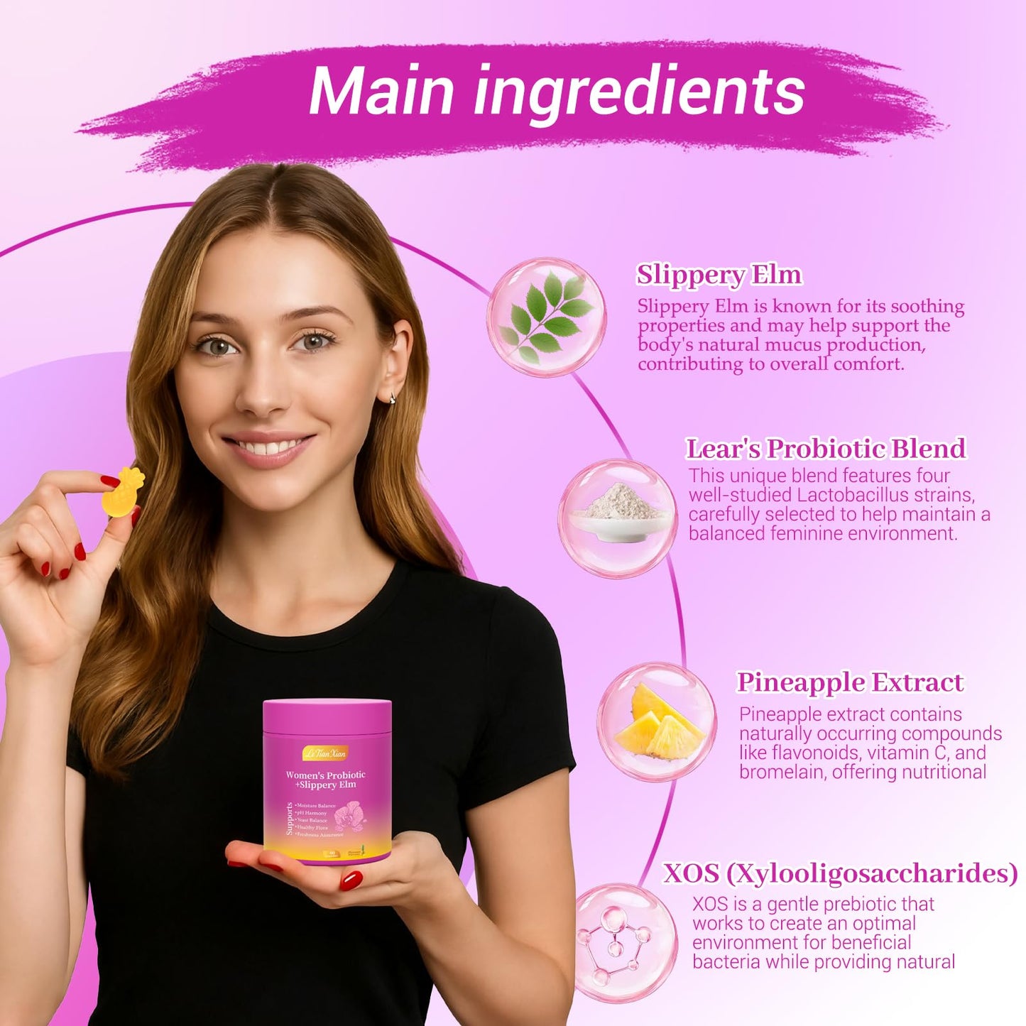 Le Tian Xian Her Juicy Feminine Probiotics Gummies for Women with Slippery Elm, Prebiotics & Lactobacillus - for pH Balance & Digestive Health, Tropical Pineapple Flavor, 60 Count Le Tian Xian buy supplements Au
