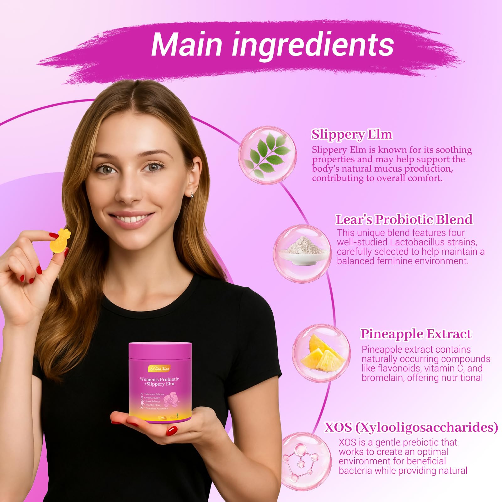 Le Tian Xian Her Juicy Feminine Probiotics Gummies for Women with Slippery Elm, Prebiotics & Lactobacillus - for pH Balance & Digestive Health, Tropical Pineapple Flavor, 60 Count Le Tian Xian buy supplements Au