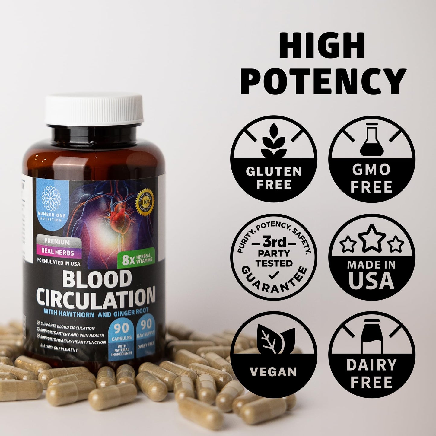 Number One Nutrition Premium Blood Circulation Supplement for Women and Men [8 Powerful Herbs & Vitamins] All Natural Blood Flow Supplement with Hawthorn, Butchers Broom and Cayenne Pepper, 90 Caps Number One NutritionBuy Supplements Australia