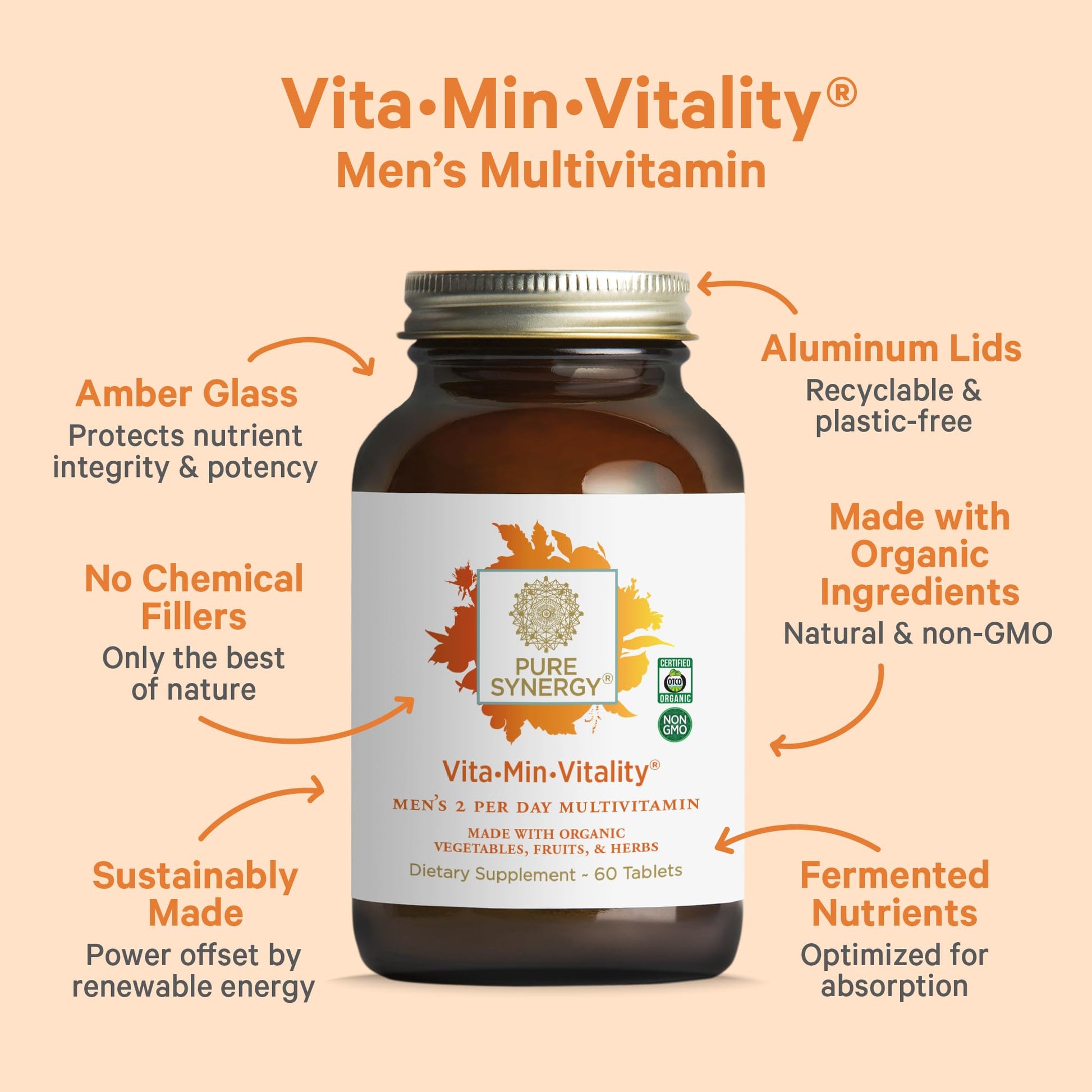PURE SYNERGY Vita·Min·Vitality | Natural Multivitamin for Men | Men’s Daily Multivitamin Made with Organic Whole Foods | for Energy, Stress, and Immune Support (60 Tablets) PURE SYNERGY buy supplements Au