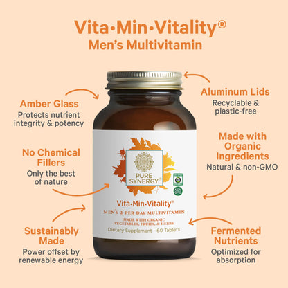 PURE SYNERGY Vita·Min·Vitality | Natural Multivitamin for Men | Men’s Daily Multivitamin Made with Organic Whole Foods | for Energy, Stress, and Immune Support (60 Tablets) PURE SYNERGY buy supplements Au