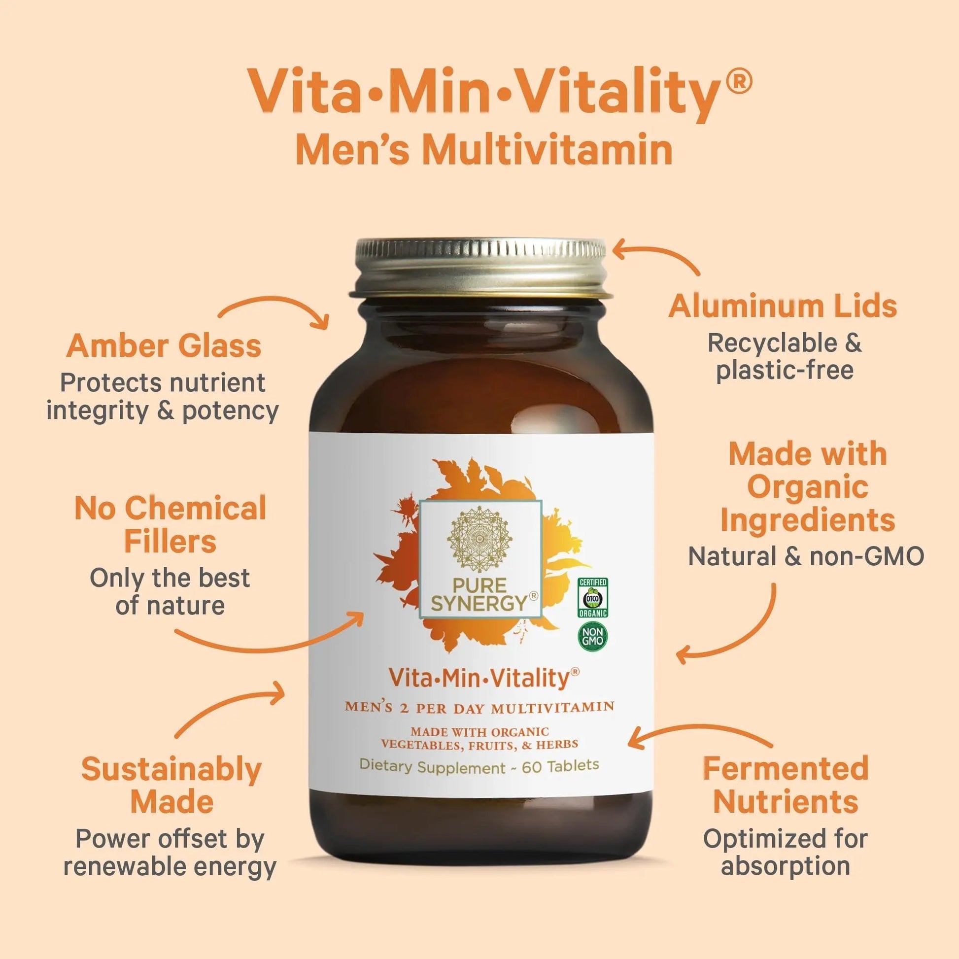 PURE SYNERGY Vita·Min·Vitality | Natural Multivitamin for Men | Men’s Daily Multivitamin Made with Organic Whole Foods | PURE SYNERGY