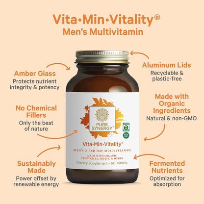 PURE SYNERGY Vita·Min·Vitality | Natural Multivitamin for Men | Men’s Daily Multivitamin Made with Organic Whole Foods | PURE SYNERGY