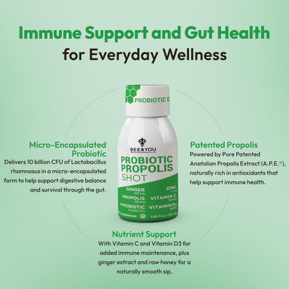 Bee and You Propolis Immune Shot, Probiotic, Vitamin C, Vitamin D3, Zinc, Ginger, Immune Support, Gut Health, Digestive Health, Bioactive 1.69 Fl. oz, 12 Pack BEE & YOU buy supplements Au