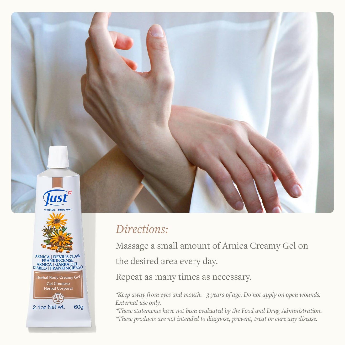 Swiss Just Arnica Gel, Arnica Creamy Gel 60g. Arnica Cream w/Devils Claw & Frankincense Oil. A Gentle Massage Cream on Wrists, Fingers, Knees, Ankles, Joints, Waist, Neck, and Back. SwissJustBuy Supplements Australia