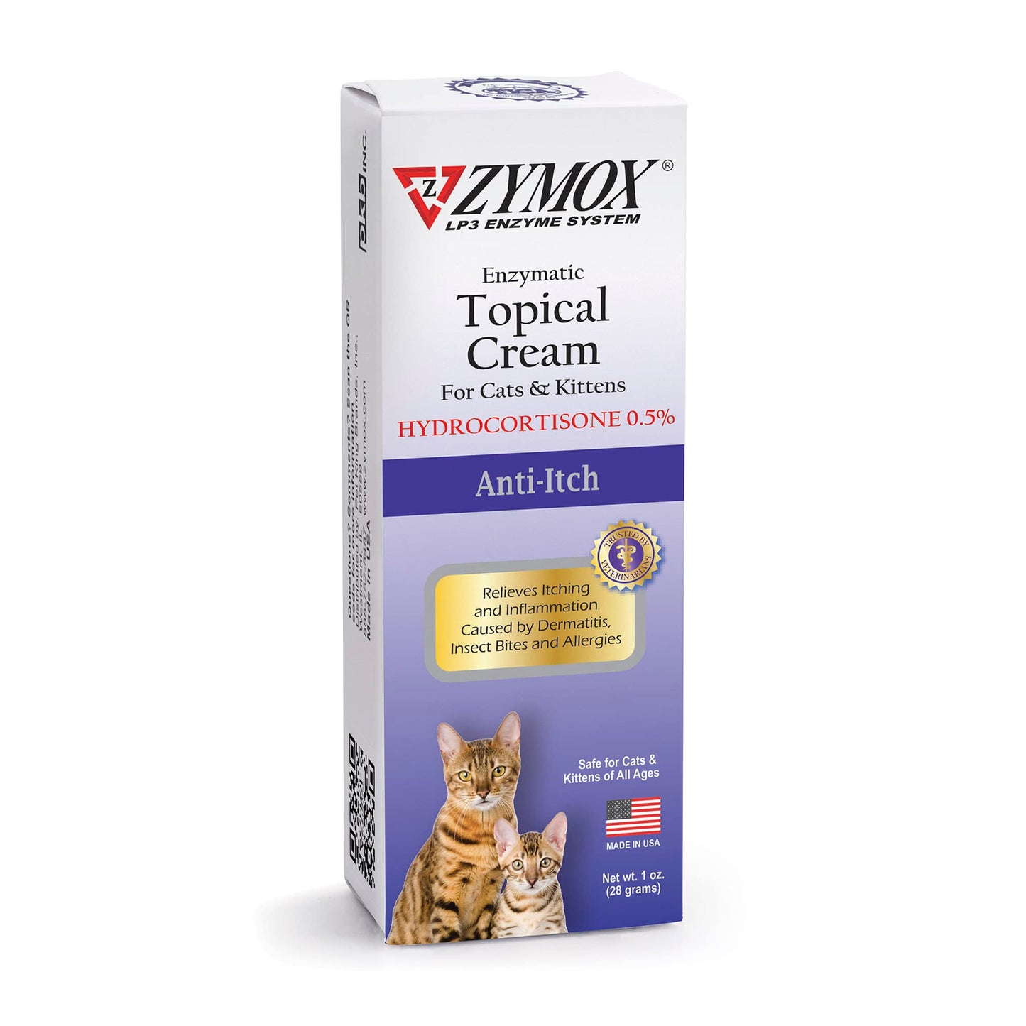 Zymox Enzymatic Topical Cream box for cats and kittens on a white background