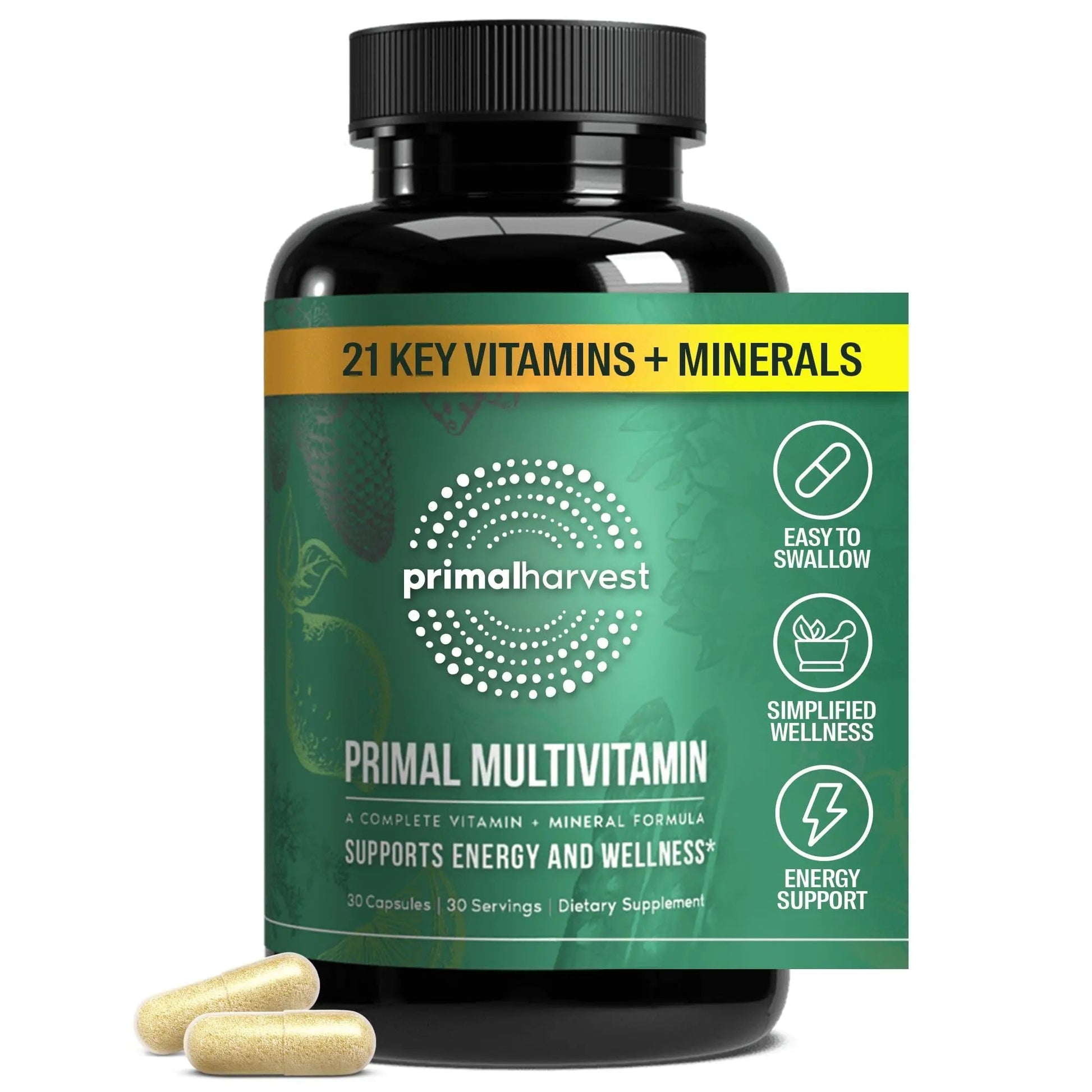 Primal Harvest Primal Multivitamin - Daily Multi-Vitamin Supplement with 21 Essential Vitamins & Minerals for Women & Men - Vitamin A, C, D, E, B12, B6, Biotin Primal Harvest