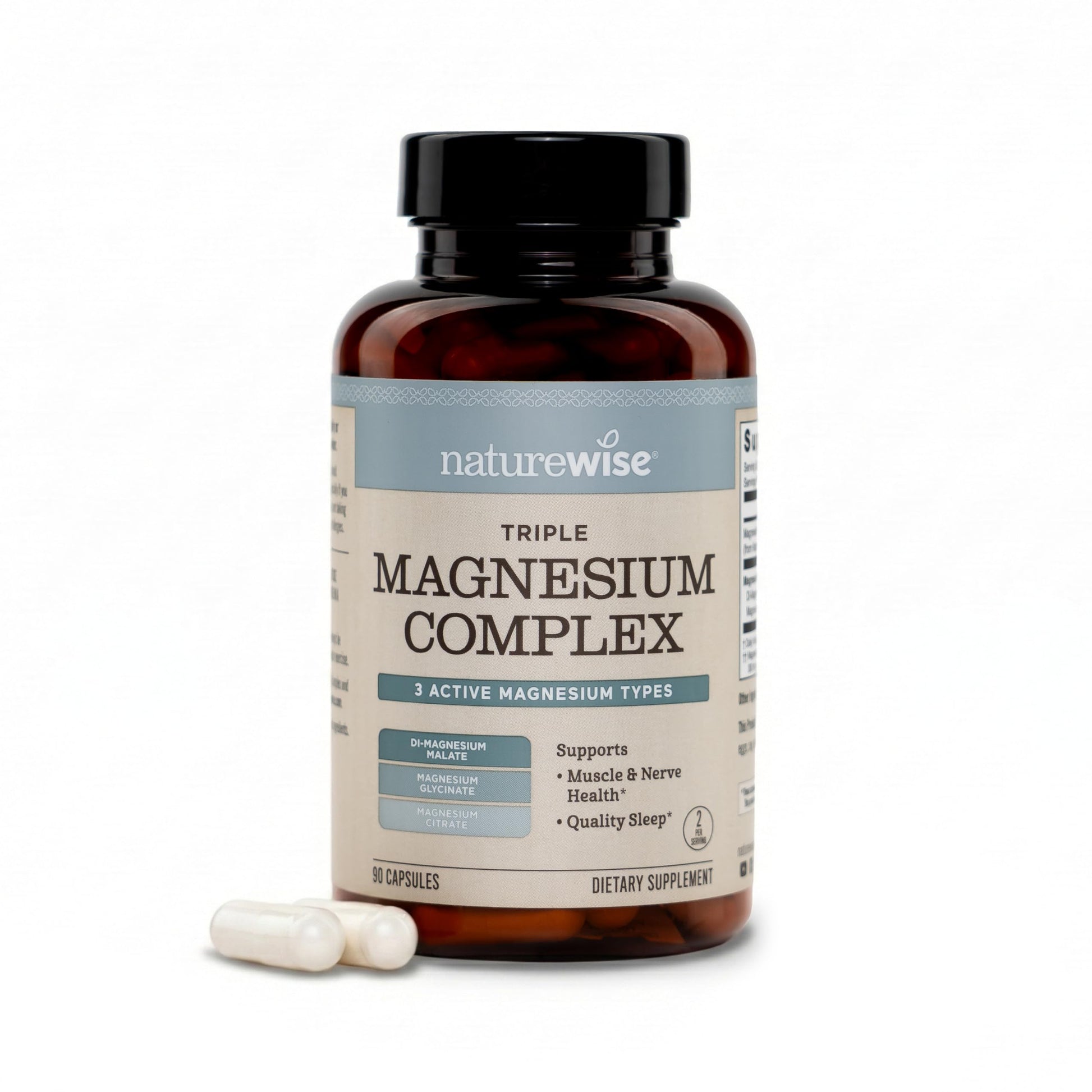 Naturewise Triple Magnesium Complex supplement bottle with capsules on a white background