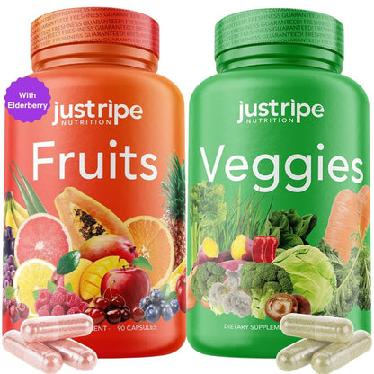 Fruits and Veggies Supplement - 90 Fruit and 90 Vegetable Capsules - 100% Whole Natural Superfood - Filled with Super Greens Vitamins and Minerals - Supports Balance Energy Levels (1 Pack) Just Ripe Nutrition buy supplements Au