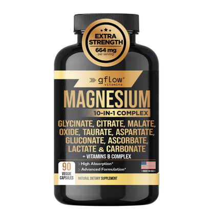 Supplement bottle labeled 'Extra Strength Magnesium 30-in-1 Complex' by gflow vitamins on a white background.