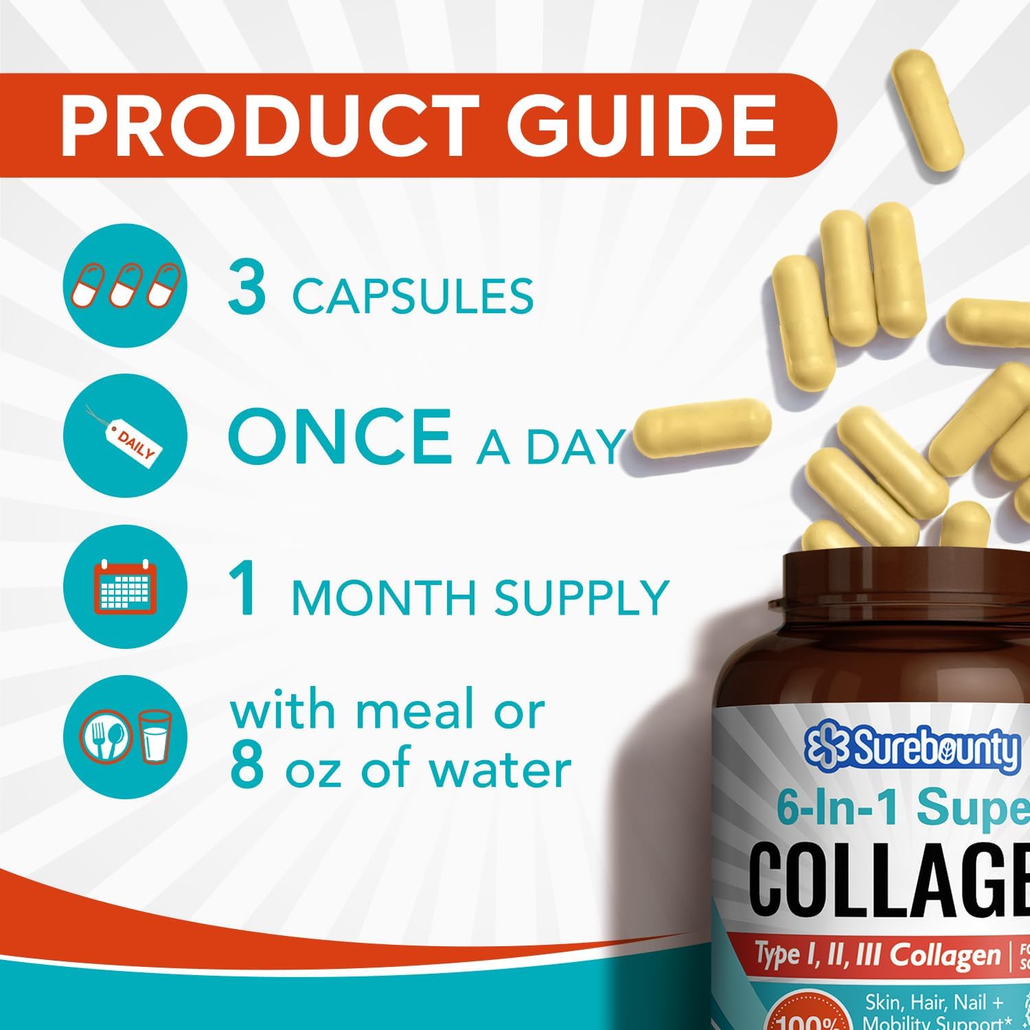 Surebounty Multi Collagen Complex, Type I, II, III, 6-in-1 Super Collagen with Vitamin C, Hyaluronic Acid, Biotin, Turmeric, Black Pepper, Keto, 90 Capsules Surebounty buy supplements Au