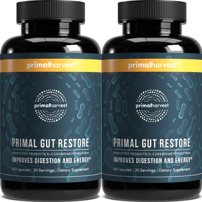 Primal Harvest 2 Pack, Restore for Gut Health, Primal Gut Restore w/POSTbiotics, PREbiotics and PRObiotics for Women and Men, 60 CT - Digestion,
