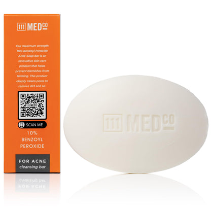 111MedCo 10% Benzoyl Peroxide Acne Treatment Cleansing Bar, Maximum Strength Medicated Face & Body Soap‑Free Bar