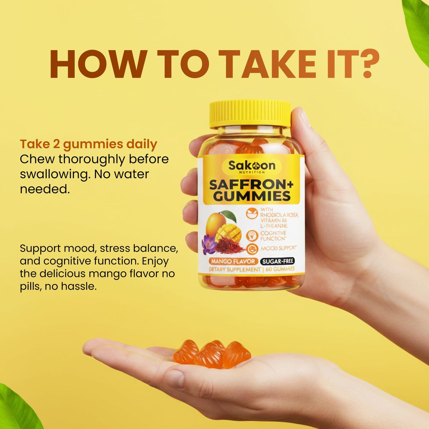 Saffron Gummies for Mood Boost & Stress Relief | Saffron Extract with 150mg Rhodiola Rosea & L-Theanine | Sugar Free Mango Flavor | Focus & Energy Supplement for Women & Men | 60 Count