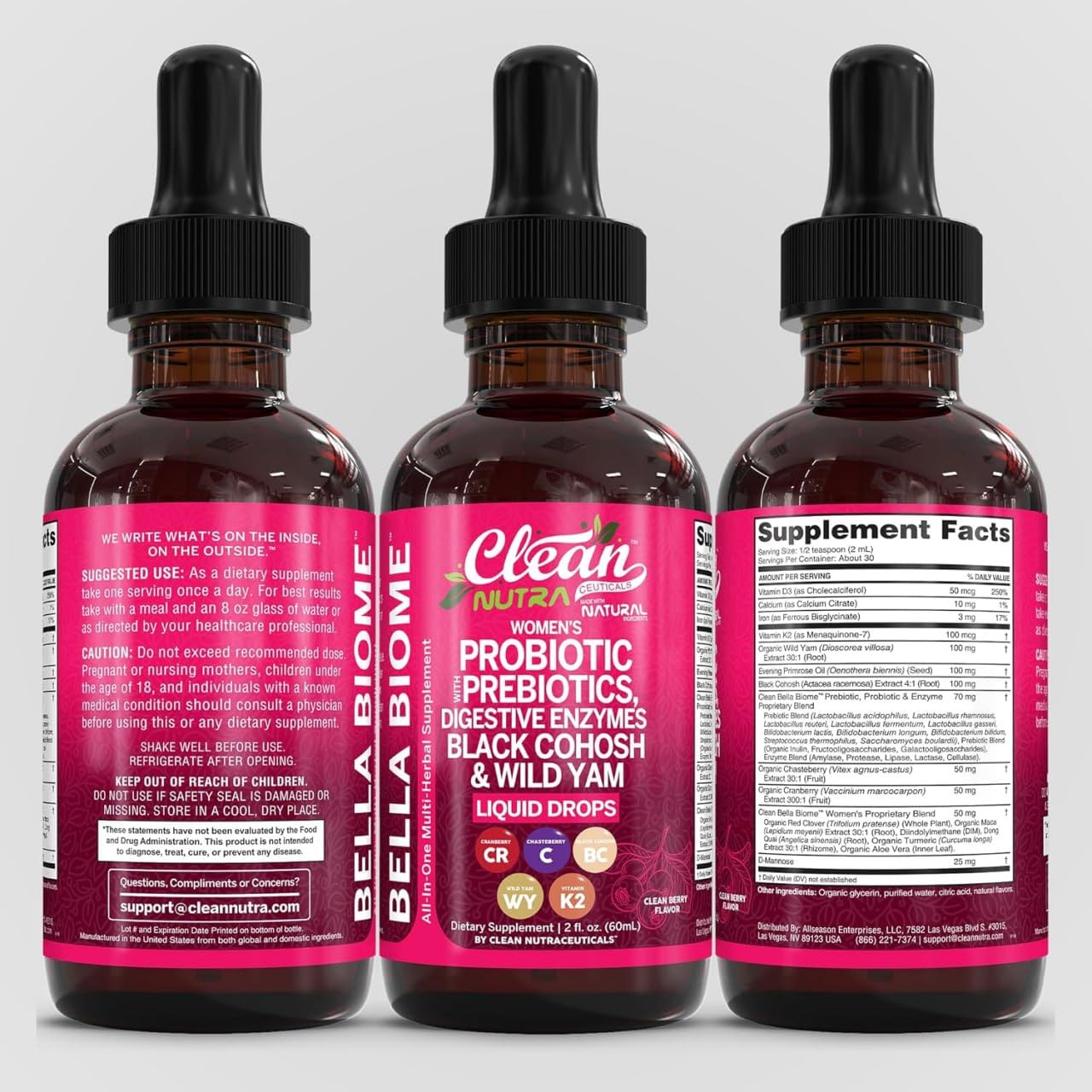 Liquid Probiotics for Women Drops with Chasteberry, Black Cohosh, Prebiotics, Digestive Enzymes, Evening Primrose Oil, Wild Yam, Cranberry Dmannose and Iron Vitamin D3 K2 Clean Nutra Bella Biotics Clean Nutraceuticals buy supplements Au
