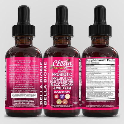 Liquid Probiotics for Women Drops with Chasteberry, Black Cohosh, Prebiotics, Digestive Enzymes, Evening Primrose Oil, Wild Yam, Cranberry Dmannose and Iron Vitamin D3 K2 Clean Nutra Bella Biotics Clean Nutraceuticals buy supplements Au
