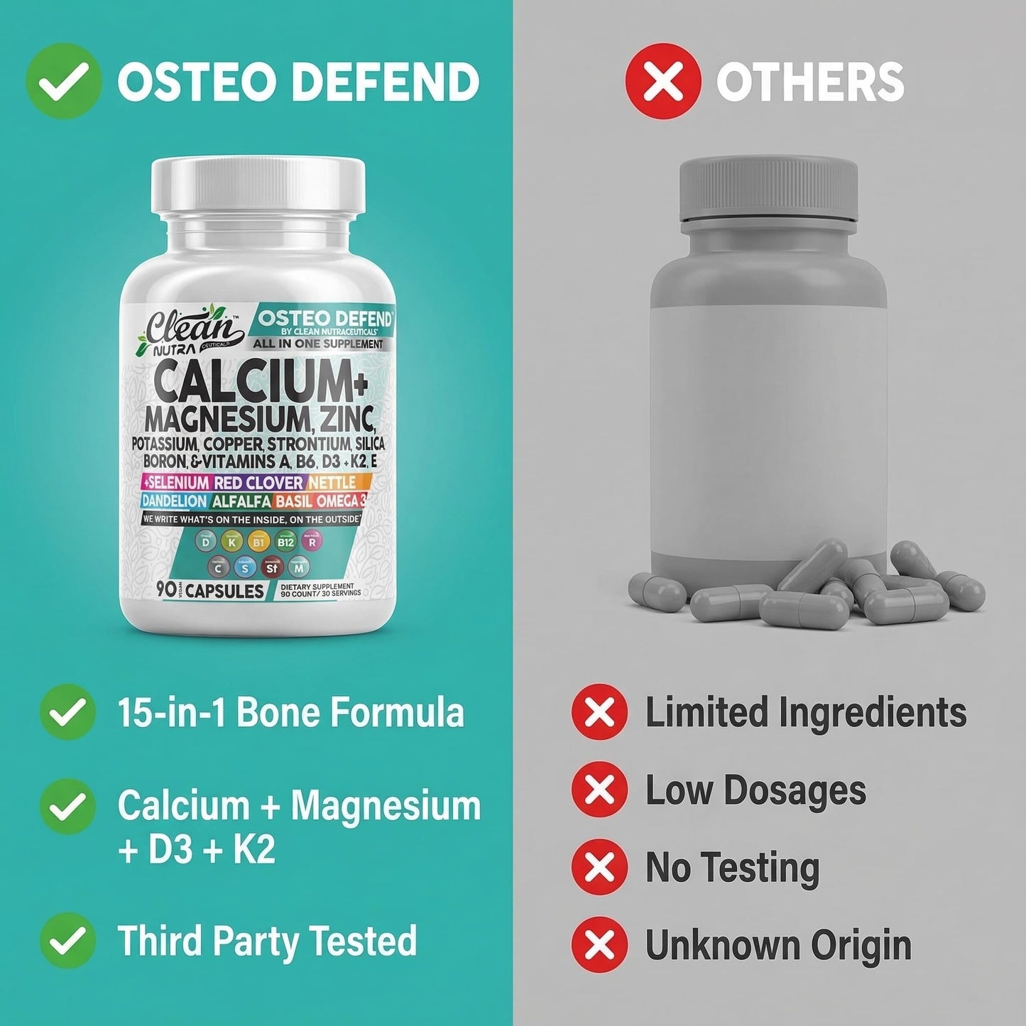 Allin1 Calcium Magnesium Zinc Supplement with Potassium, Copper, Strontium, Silica, Vitamin D3 K2, Boron, Vitamin B1 B12 Red Clover Herb Alfalfa Basil Pills for Men