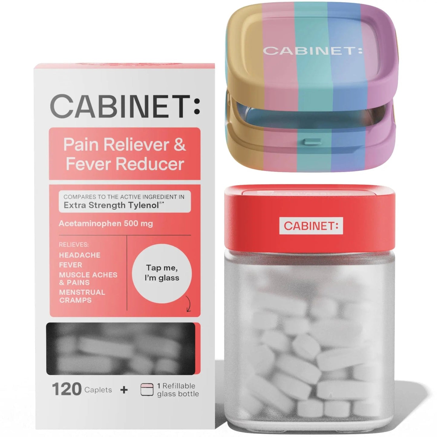 Cabinet: 500mg Acetaminophen for Headache Relief, Toothaches, Sore Throat, and Fever Reducer, Includes 1 Refillable Medicine Jar, 120 Tablets Refillable Glass Jar - w/Travel Tin Cabinet:Buy Supplements Australia