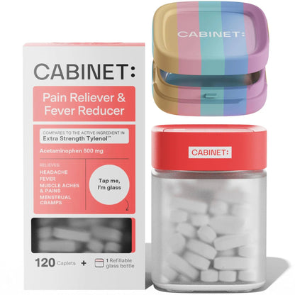 Cabinet: 500mg Acetaminophen for Headache Relief, Toothaches, Sore Throat, and Fever Reducer, Includes 1 Refillable Medicine Jar, 120 Tablets Refillable Glass Jar - w/Travel Tin Cabinet:Buy Supplements Australia