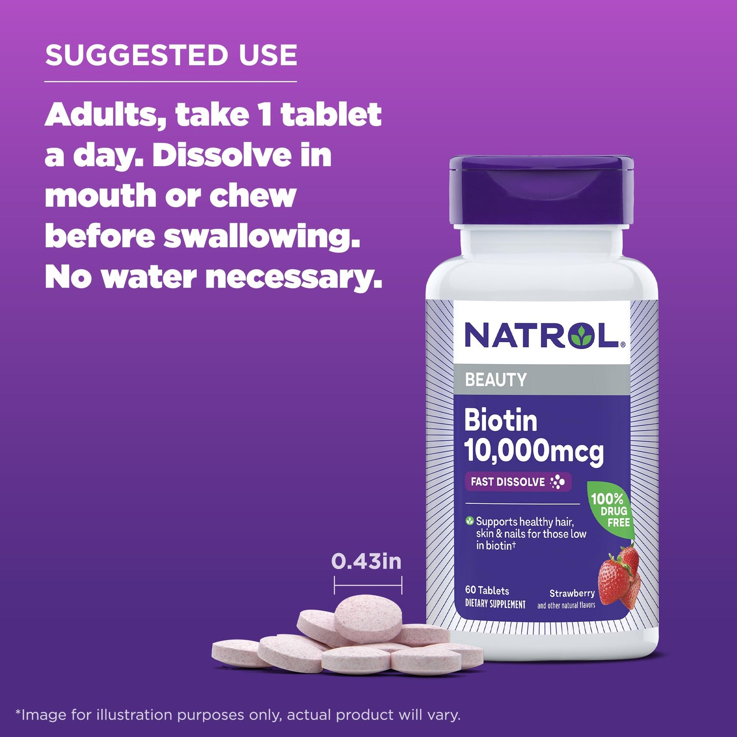 Natrol Biotin 10000mcg, 4X Faster Dissolve Supplement for Healthy Hair, Skin and Nails for Those Low in Biotin, Plus Energy Metabolism Support