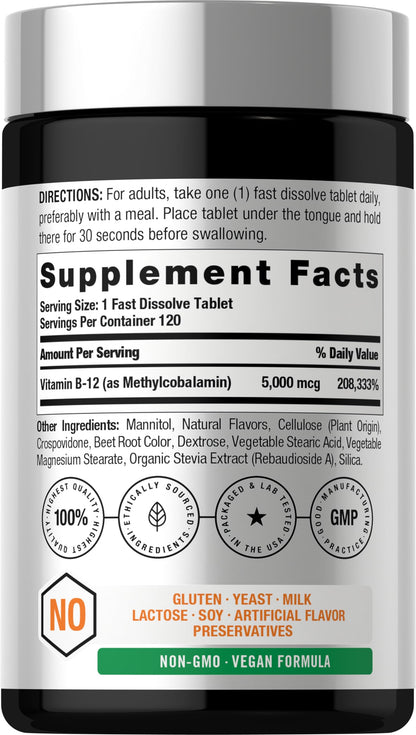 Horbäach B12 Vitamin 5000 mcg | 120 Fast Dissolve Tablets | Sublingual Methylcobalamin | Natural Berry Flavor | Vegan, Non-GMO