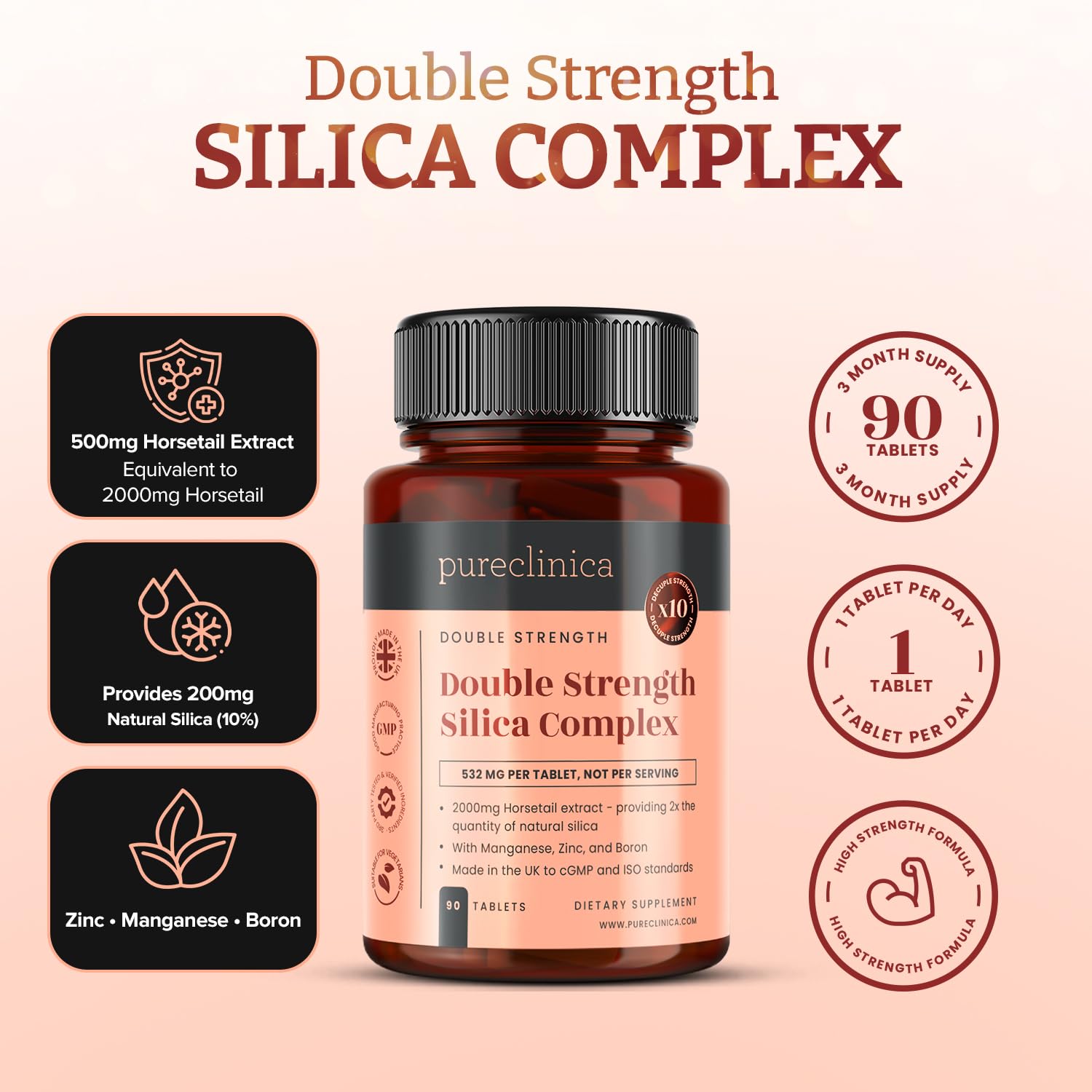 Double Strength Silica Complex – 500mg Horsetail Extract (4:1) per Tablet – 90 Tablets – 3 Month Supply – with Zinc, Manganese & Boron pureclinica buy supplements Au