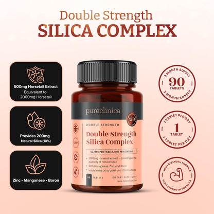 Double Strength Silica Complex – 500mg Horsetail Extract (4:1) per Tablet – 90 Tablets – 3 Month Supply – with Zinc, Manganese & Boron pureclinica buy supplements Au