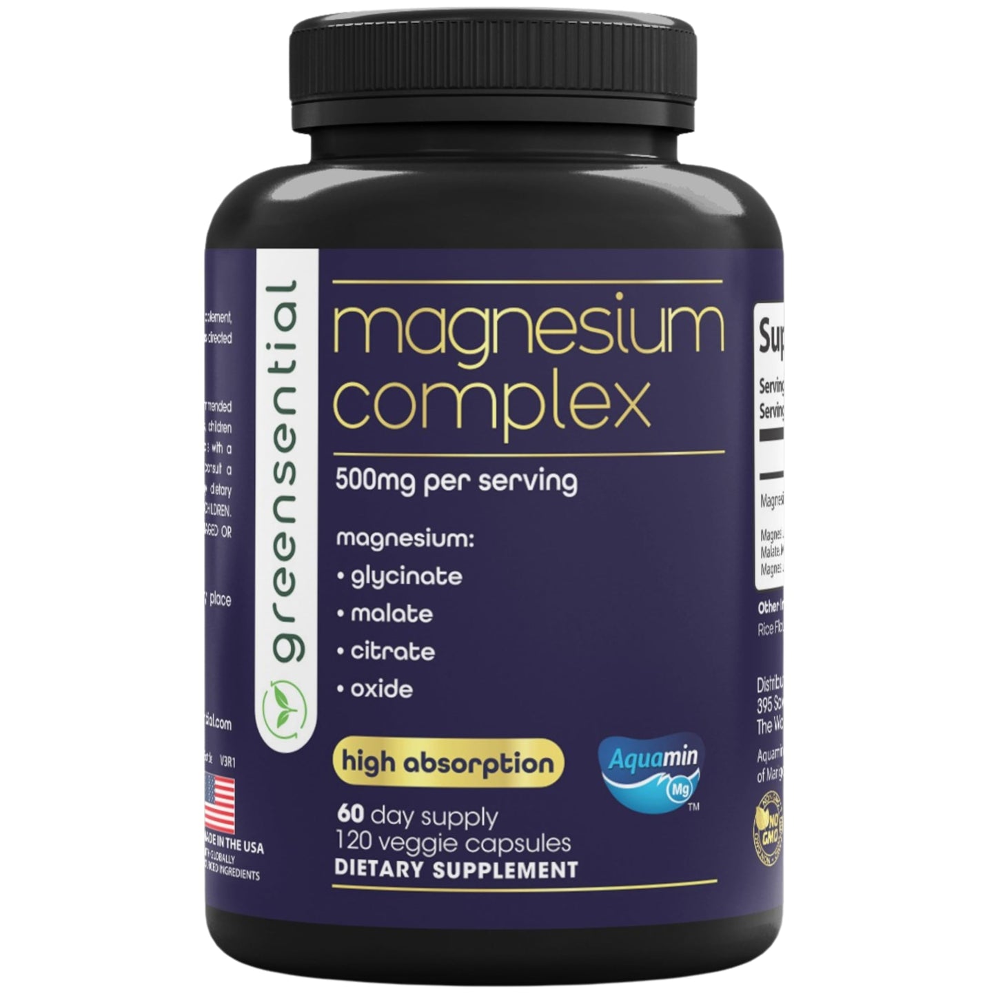 Supplement bottle labeled ' magnesium complex' with black cap and purple label on a white background