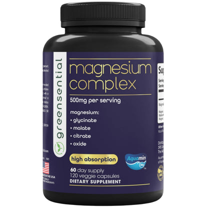 Supplement bottle labeled ' magnesium complex' with black cap and purple label on a white background