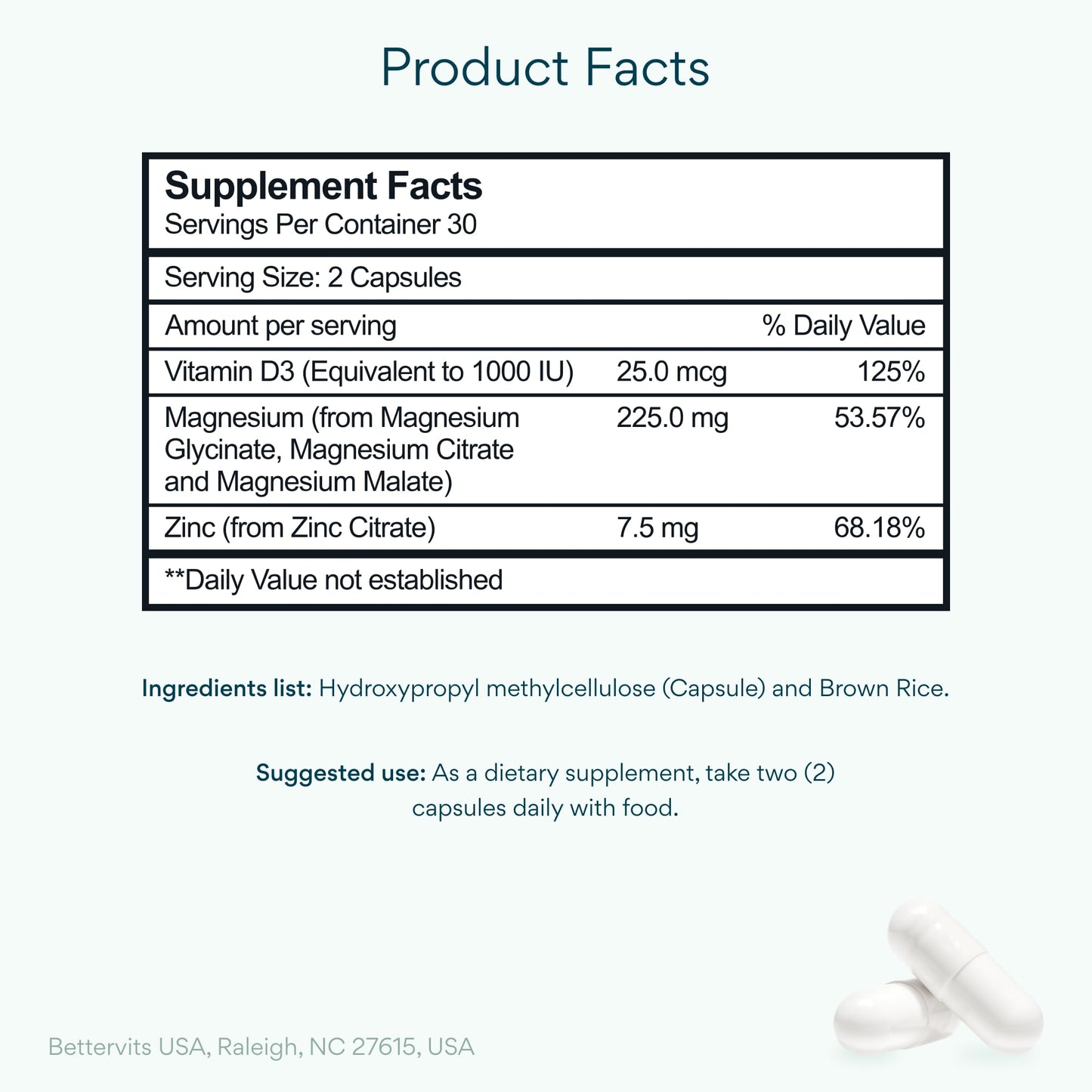 Bettervits Magnesium Glycinate Complex with Citrate Malate Zinc & Vitamin D3 | High Absorption Pure Magnesium 225mg Supplement Chelated Formula for Muscle Relaxation, Sleep Support – 60 Capsules Bettervits buy supplements Au