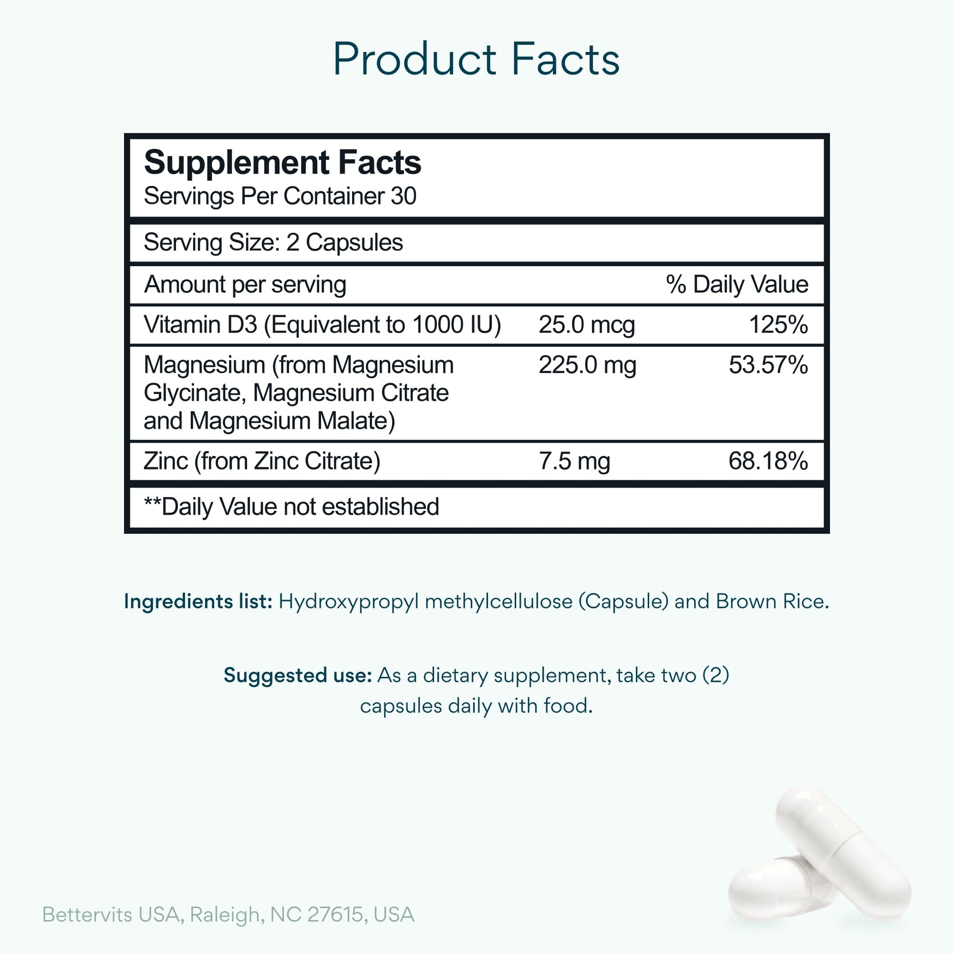 Bettervits Magnesium Glycinate Complex with Citrate Malate Zinc & Vitamin D3 | High Absorption Pure Magnesium 225mg Supplement Chelated Formula for Muscle Relaxation, Sleep Support – 60 Capsules Bettervits buy supplements Au