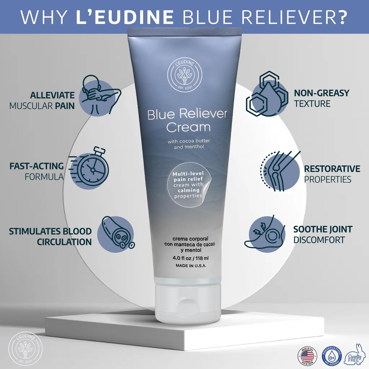 L'EUDINE Blue Reliever Cream – Joint and Muscle Therapy, Body Cream with Cocoa Butter and Menthol L'eudineBuy Supplements Australia