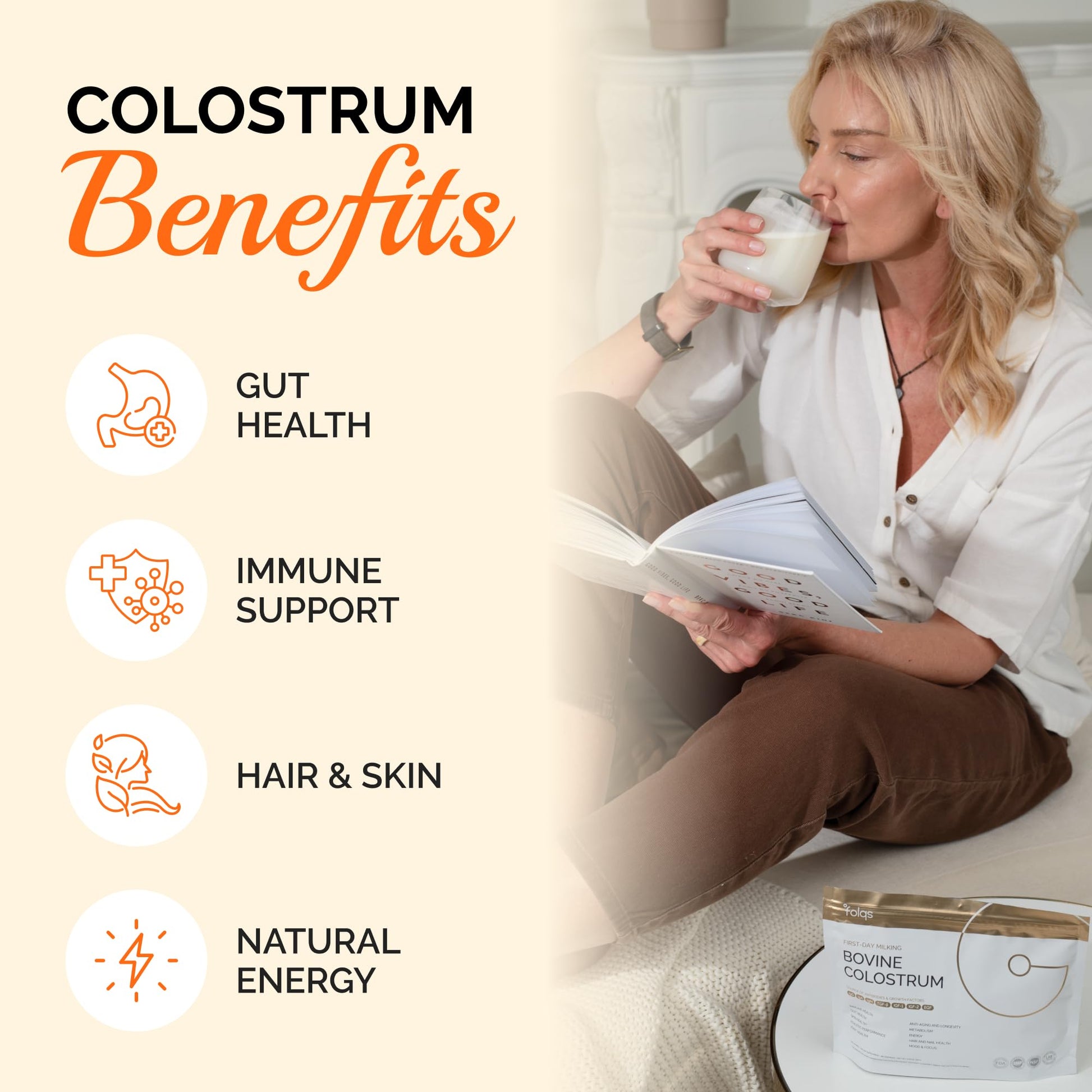 Folqs Bovine Colostrum Powder – First-Day Milking for Immune & Gut Support – 60 Servings – Supports Skin & Tissue Health – Made in USA - Amino Acids, Vitamins, Minerals – Kosher - Sustainably Sourced FolqsBuy Supplements Australia