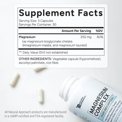 High Absorption Magnesium Complex with Glycinate, Malate & Taurate - Premium Magnesium Supplement for Sleep, Relaxation, Leg Cramps & Stress Relief - 100% Chelated & Easy On The Gut - 90 Capsules Natural Approach buy supplements Au