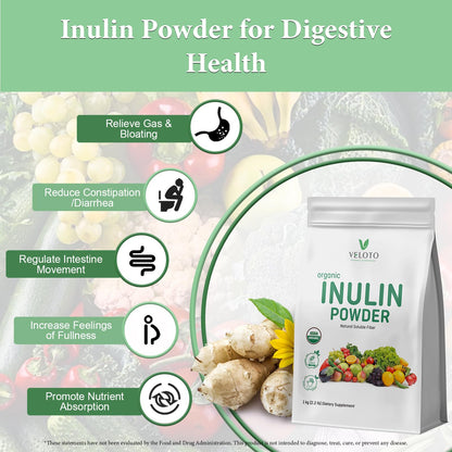 VELOTO Organic Inulin Powder – Prebiotic Fiber Supplement for Smoothies & Drinks, 2.2 lb, Flavorless, Water Soluble, Vegan & Non-GMO