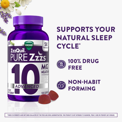 ZzzQuil Pure Zzzs Advanced Melatonin Gummies, Melatonin 10mg, Sleep Aid, with Chamomile & Lavender, Melatonin Sleep Gummies, Sleep Aids for Adults