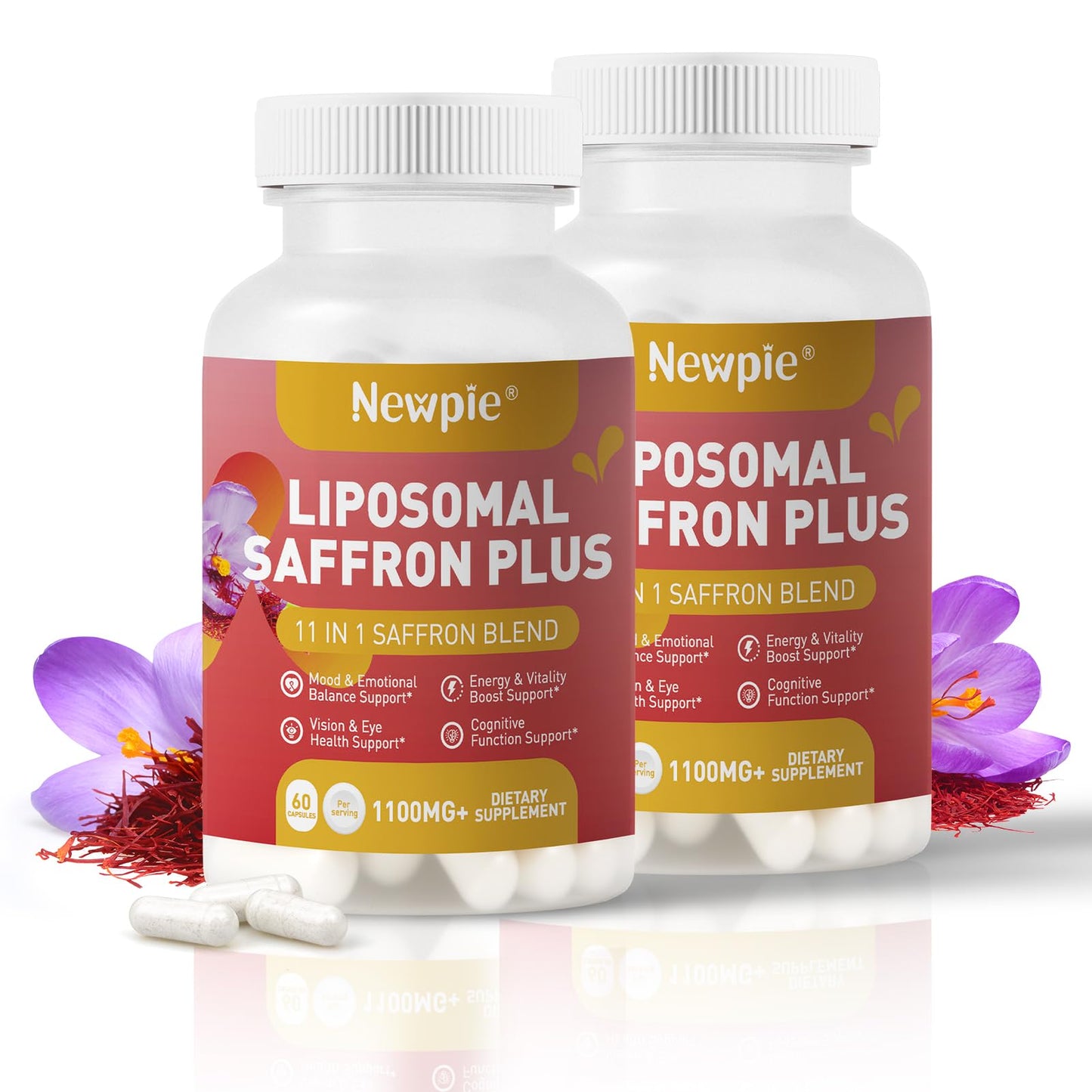 Two bottles of Newpie Liposomal Saffron Plus and Posomal Fron Plus supplements on a white background with saffron flowers.