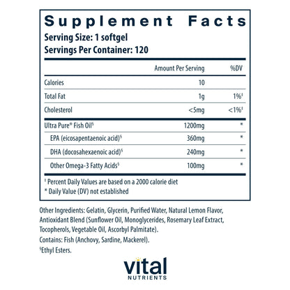 Vital Nutrients Ultra Pure Fish Oil 700 - Supports Heart, Brain, and Joint Health* - Sustainably Sourced High EPA & DHA Omega-3 Fatty Acid - Lemon Flavor - Gluten, Dairy & Soy Free - 120 Softgels Vital Nutrients buy supplements Au