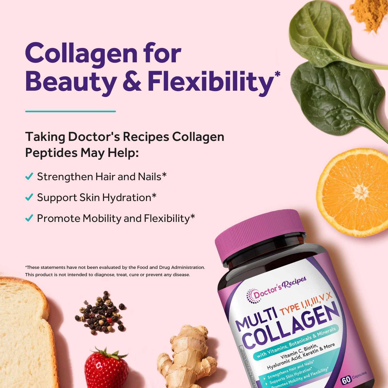 Doctor's Recipes Multi Collagen Peptides, Type I, II, III, V, X, 1000 mg Per Serving, Vitamin C, Biotin, Hyaluronic Acid, Keratin, Turmeric, for Hair, Nails, Skin, Stay Active, Antioxidant, 60 Caps Doctor's Recipes buy supplements Au